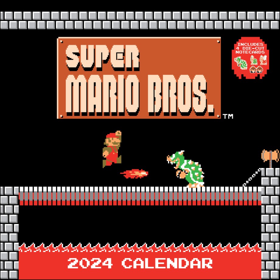 Super Mario Bros. 8-bit Retro 2024 Wall Calendar + Bonus Die-cut Notecards 